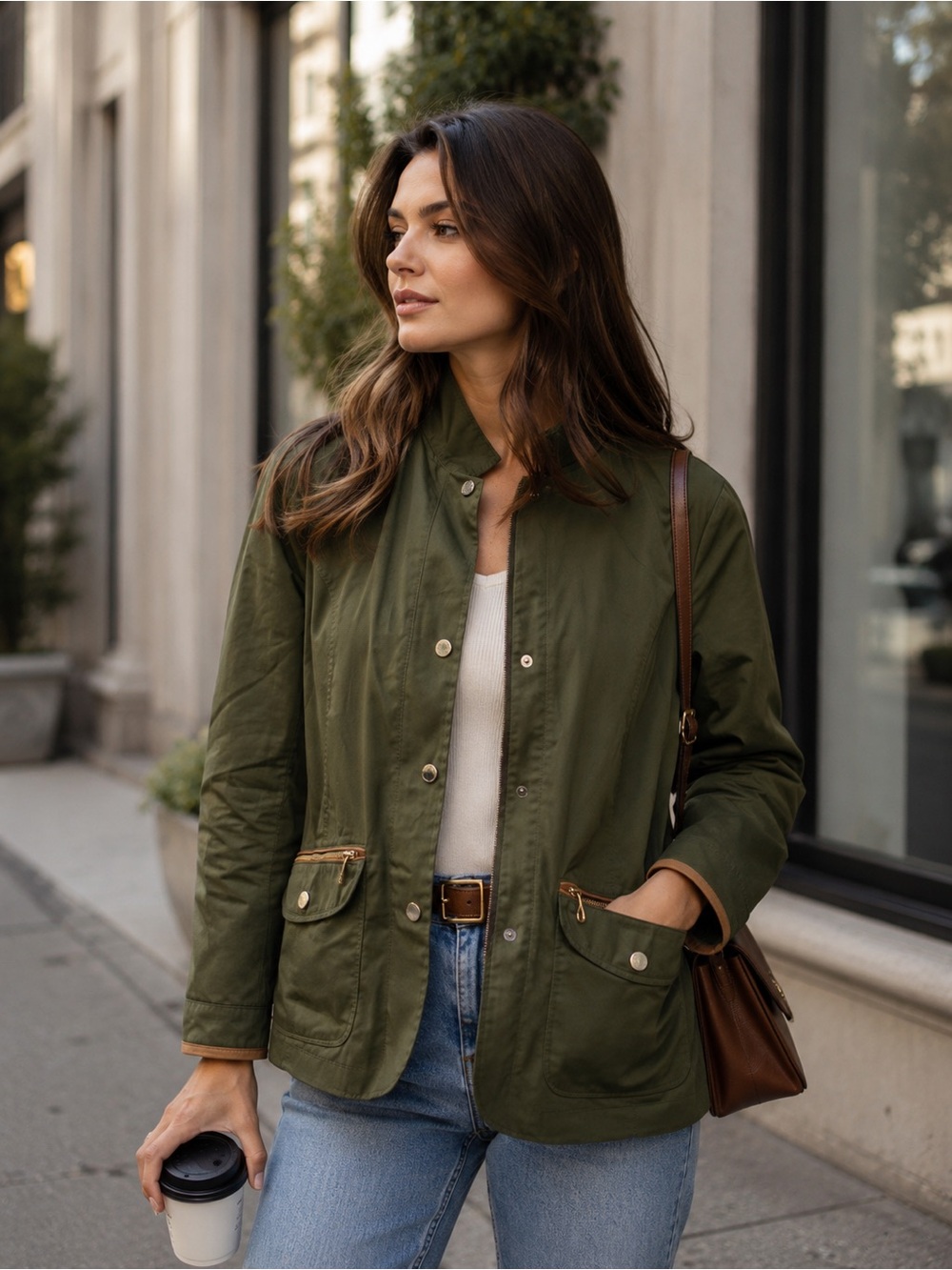 Massimo Dutti Olive Green Utility Jacket with Gold-Tone Accents